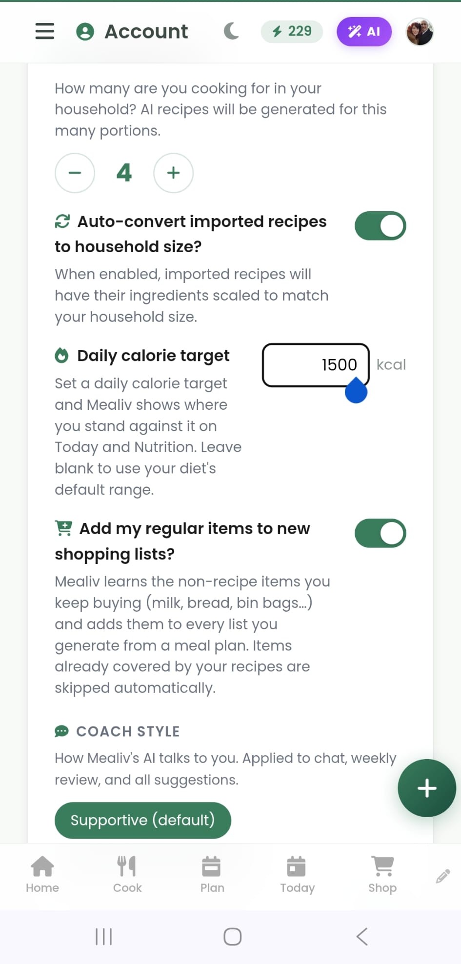 Daily 1500 meal plan calorie target in account settings