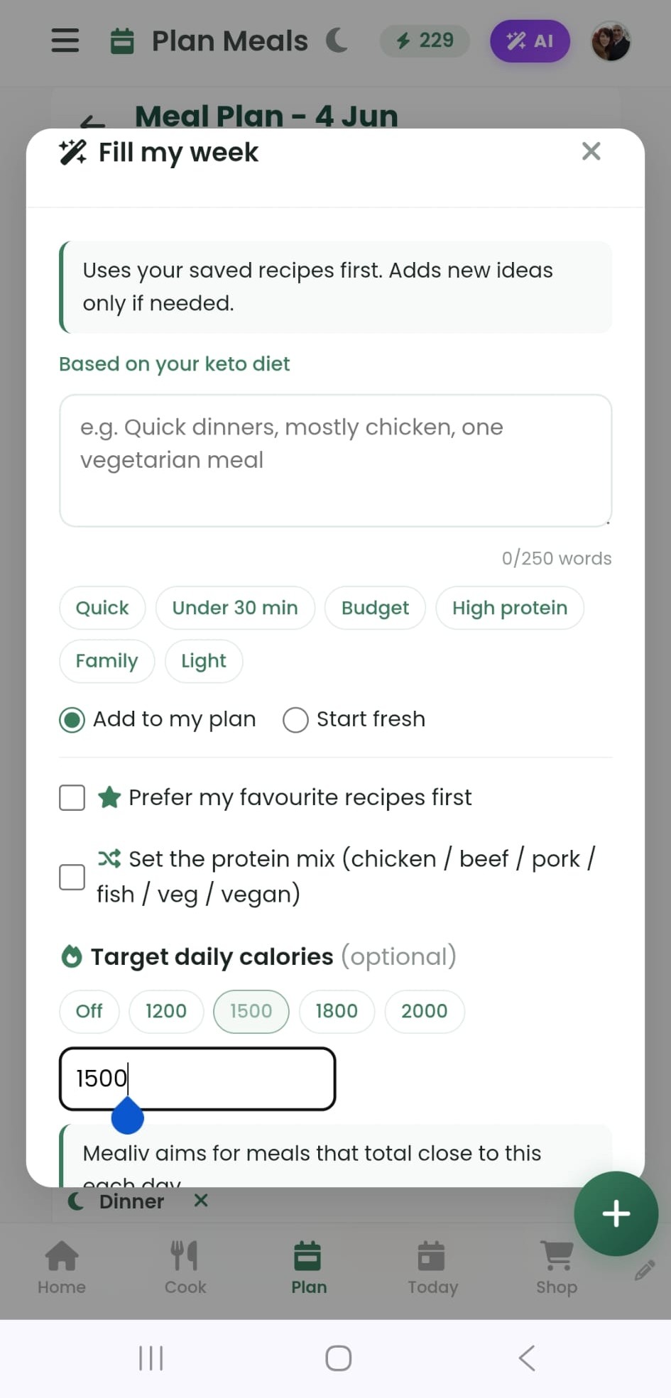 Fill my week 1500 meal plan calorie target
